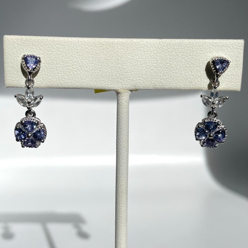 Tanzanite and Natural White Topaz Flower Dangle Earrings